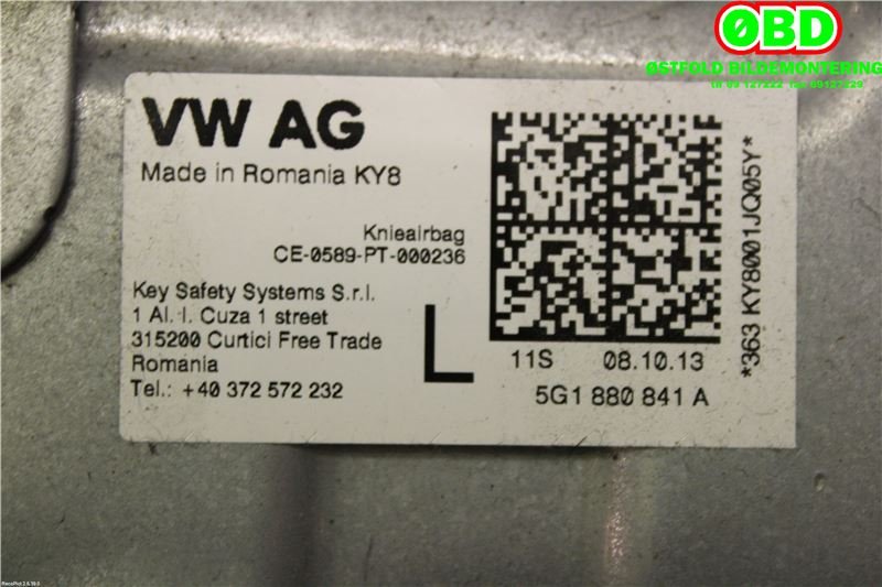 Airbag kne til VW Golf VII 2012-2017 (Fase 1)  (VOLKSWAGEN|5G1 880 841 C|5G1 880 841 H|5G1880841A)