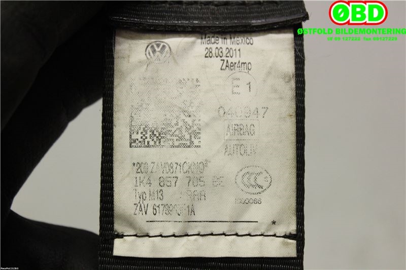 Airbag beltestrammer til VW Golf VI 2008-2012  (VOLKSWAGEN|1K4 857 705 BE||1K4857705BE)