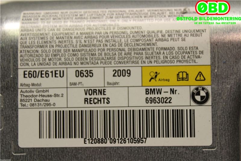 Airbag sidepute høyre til BMW 5-Serie 2003-2010 (E60/E61) (E60/E61) (BMW|72 12 6 963 022|)