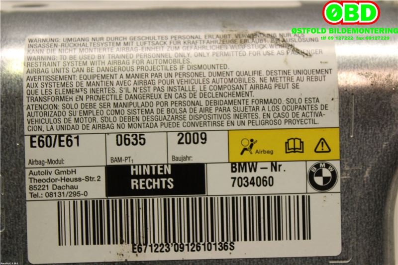 Airbag diverse til BMW 5-Serie 2003-2010 (E60/E61) (E60/E61) (BMW|72 12 7 034 060|)