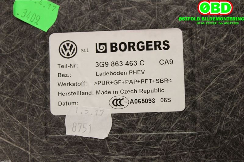 Bagasjerom teppe/gulvplate til VW Passat 2015-2019 (Fase 1) (B8) (B8) (VOLKSWAGEN|3G9 863 463||3G9863463C)
