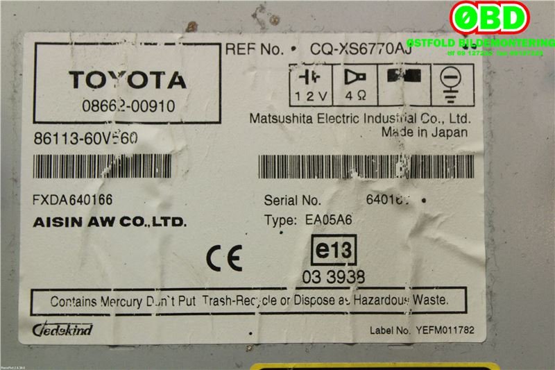 Bilstereo navigasjon til Toyota Avensis 2003-2008 (Type II) (TOYOTA|86840YY021|)