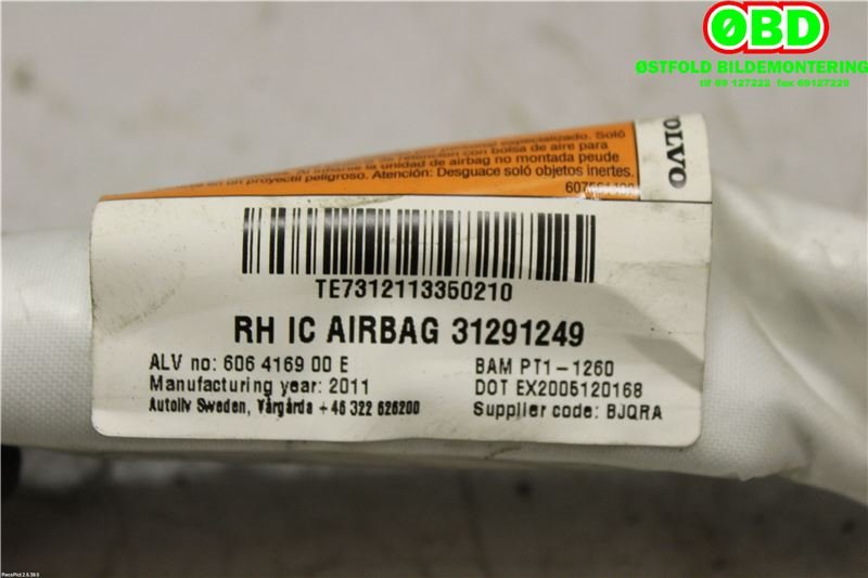 Airbag gardin høyre til Volvo V70 2007-2013 (Type III, Fase 1)  (VOLVO|31291249|)