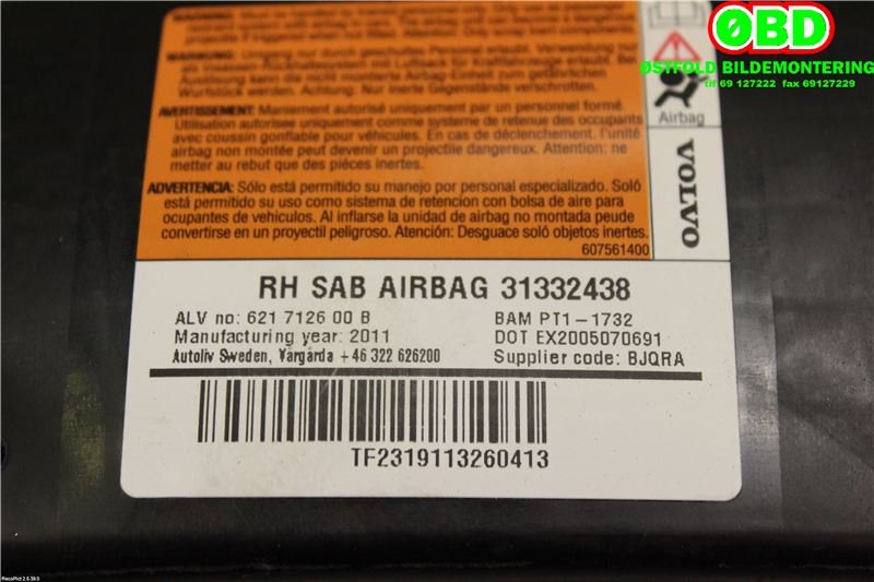 Airbag sidepute høyre til Volvo V70 2007-2013 (Type III, Fase 1)  (VOLVO|30715730||31332438)