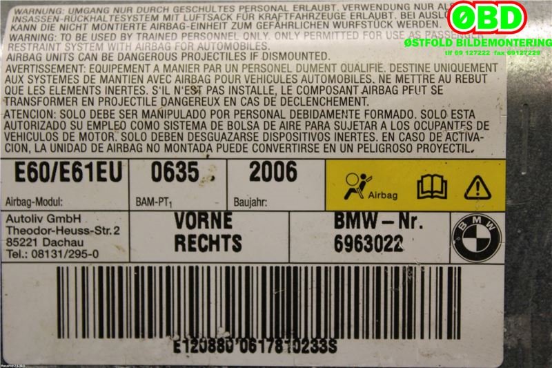 Airbag sidepute høyre til BMW 5-Serie 2003-2010 (E60/E61) (E60/E61) (BMW|72 12 6 963 022|)
