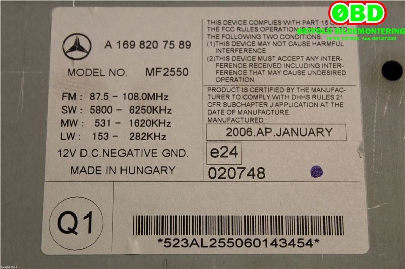 Bilstereo til Mercedes A-Klasse 2005-2012 (W169) (W169) (MERCEDES|A 169 820 75 89|A 169 820 61 89|1698207589)
