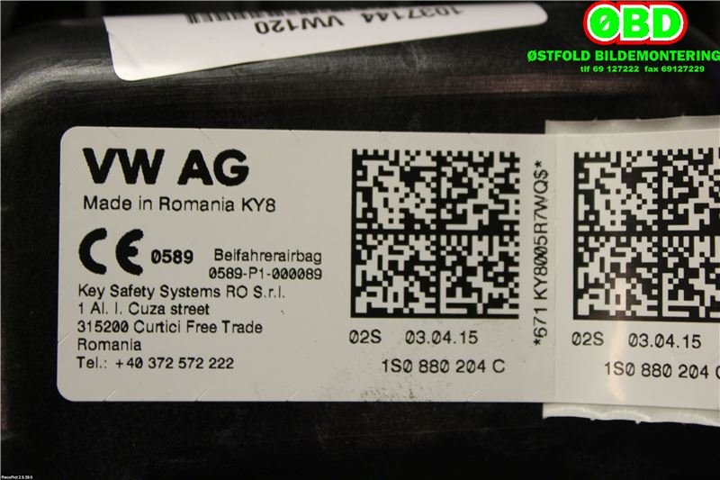 Airbag passasjer til VW E-Up 2013-2019  (VOLKSWAGEN|1S0 880 204 C||1S0880204C)