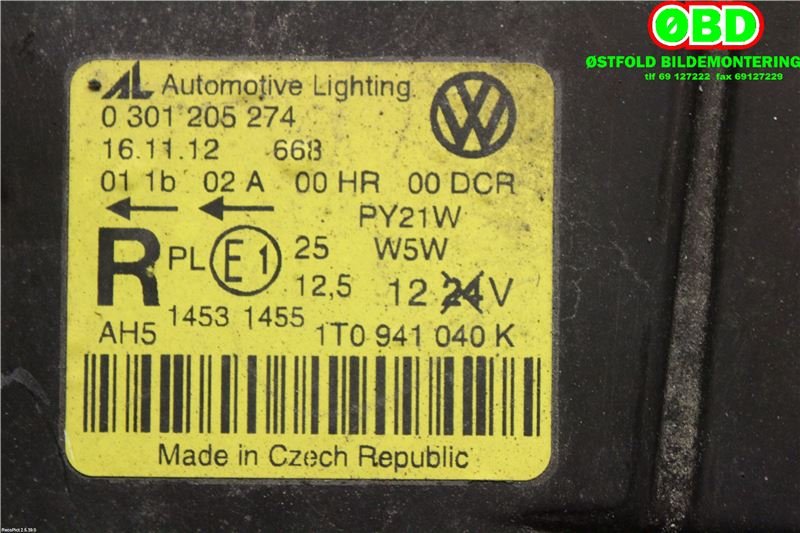 Frontlykt høyre xenon til VW Touran 2003-2006 (Type I, Fase 1)  (VOLKSWAGEN|1T0 941 040 K||1T0941040K)