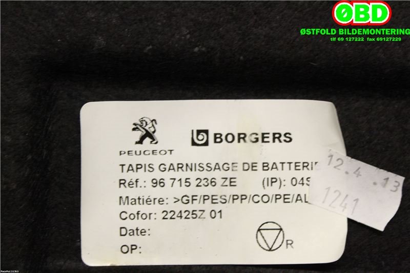 Bagasjerom teppe/gulvplate til Peugeot 3008 2009-2016 (Type I) (PEUGEOT|7586NF||96715236ZE)