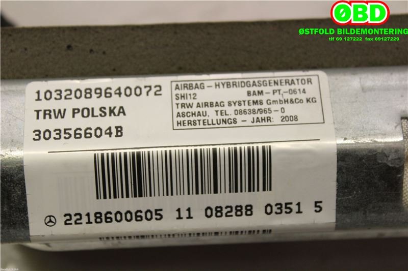 Airbag sidepute høyre til Mercedes S-Klasse 2005-2013 (W221) (W221) (MERCEDES|A 221 860 06 05||2218600605)