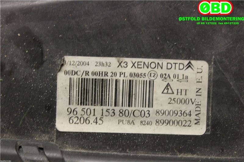Frontlykt høyre xenon til Citroën C5 2005-2008 (Type I, Fase 2)  (CITROEN|6206 45||9650115380)