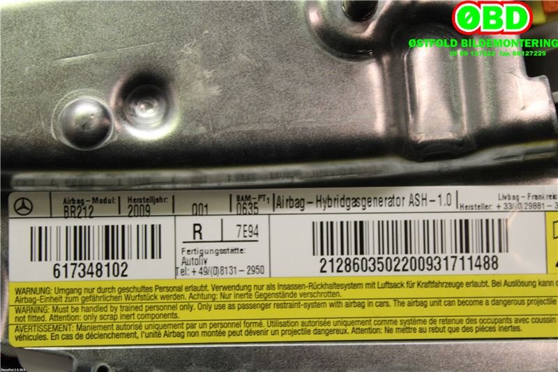 Airbag sidepute høyre til Mercedes E-Klasse 2009-2013 (Fase 1) (W212) (W212) (MERCEDES|A 212 860 35 02||2128603502)
