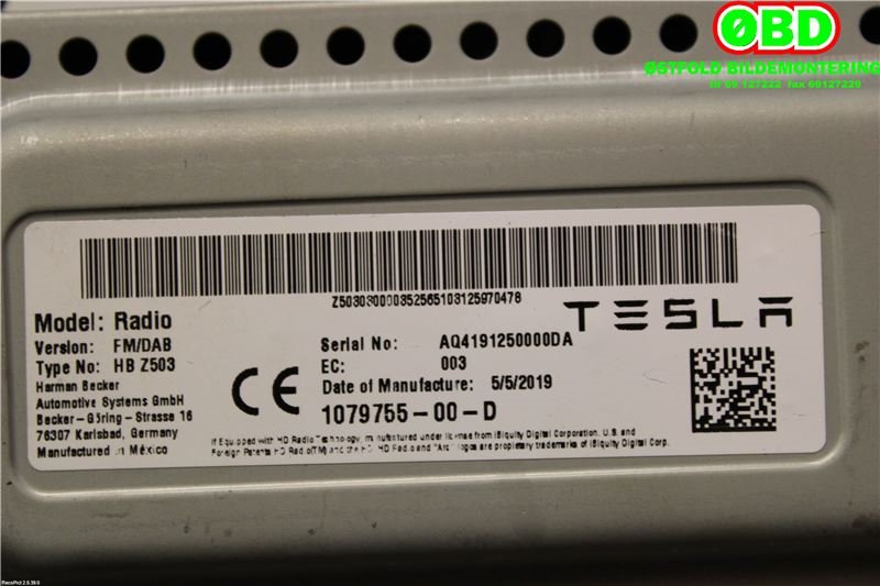 Bilstereo diverse til Tesla Model 3 2018-2023 (Fase 1)  (TESLA|107975500D|)