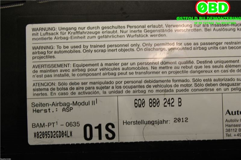 Airbag sidepute høyre til Škoda Fabia 2010-2014 (Type II, Fase 2)  (SKODA|6Q0 880 242 B||6Q0880242B)