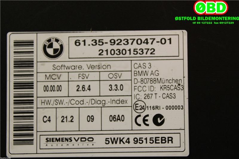 Styreenhet tenning til BMW X1 2009-2015 (E84) (E84) (BMW|61 35 9 395 657||61359237047)