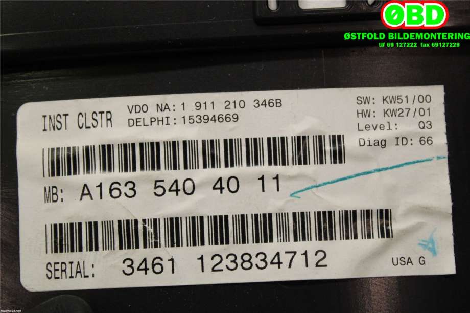 Instrumentpanel til Mercedes ML 1997-2005 (W163) (W163) (MERCEDES|A 163 540 40 11|A 163 540 95 11|1635404011)