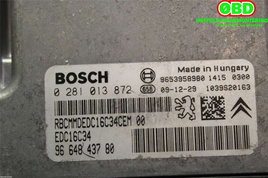 Styreenhet motor til Peugeot Partner 2008-2015 (Type II, Fase 1)  (PEUGEOT|194322|0281013872|9664843780)