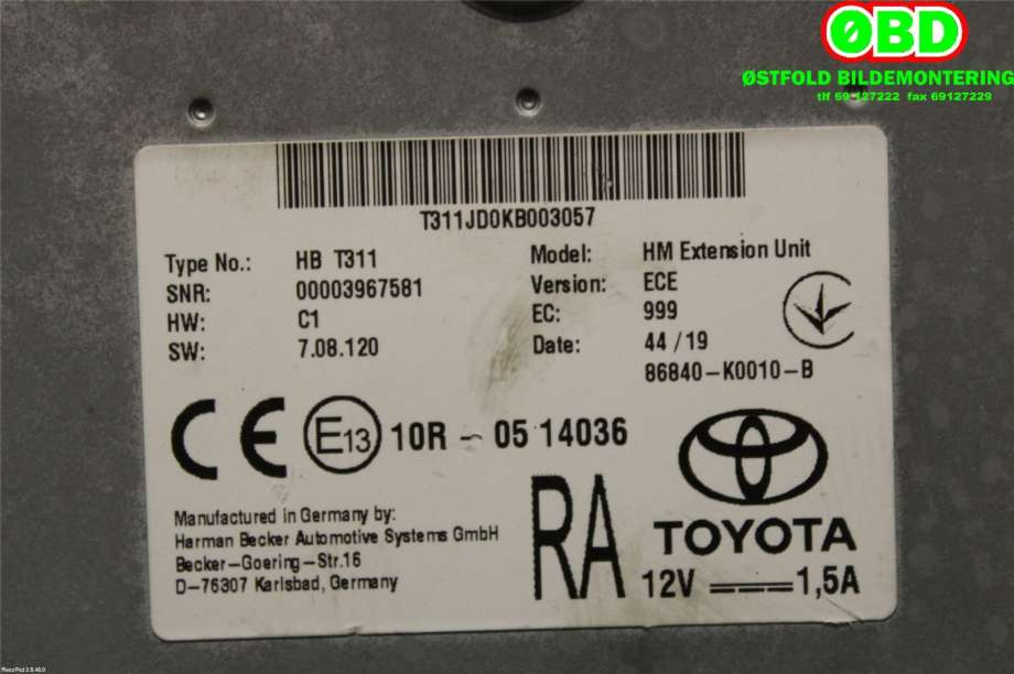 Styreenhet diverse til Toyota Corolla 2019-->>  (TOYOTA COROLLA|86840K0010||86840K0010B)