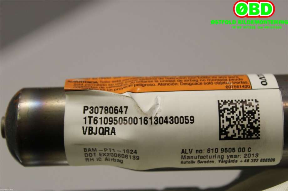 Airbag gardin høyre til Volvo V60 2010-2013 (Type I, Fase 1)  (VOLVO|30780647|)
