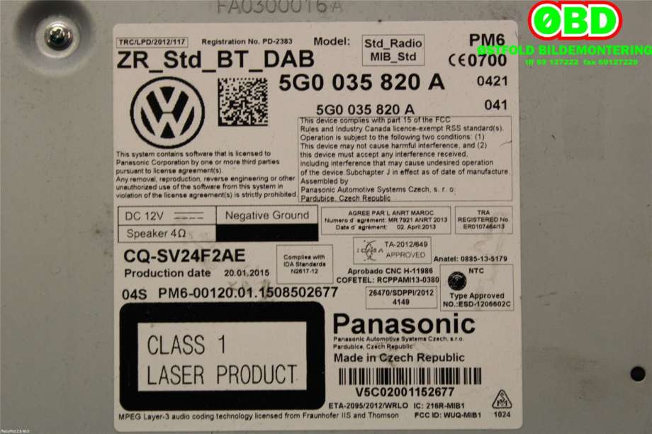 Bilstereo til VW Golf VII 2012-2017 (Fase 1)  (VOLKSWAGEN|5G0 035 820 A|5G0 035 820 AX|5G0035820A)