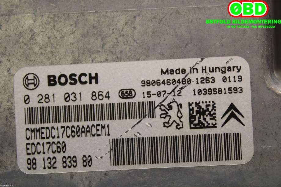 Styreenhet motor til Peugeot 508 2014-2018 (Type I, Fase 2)  (PEUGEOT|1613823780|0281031864|9813283980)