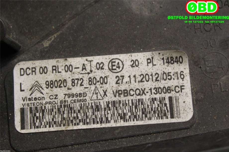 Frontlykt venstre xenon til Citroën DS5 2012-2017 (CITROEN|98 020 872 80|98 060 934 80|9802087280)