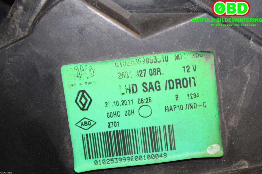 Frontlykt høyre halogen til Renault Fluence Z.E 2011-2014 (RENAULT|260105585R|)