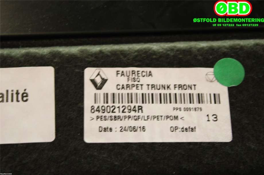 Bagasjerom teppe/gulvplate til Renault Talisman 2016-->>  (RENAULT|849021294R|)