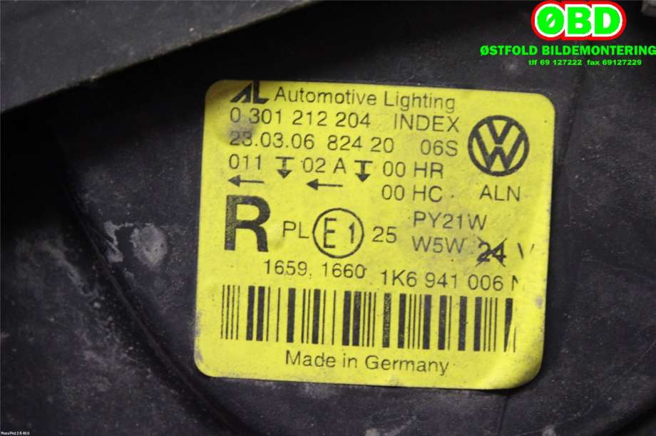 Frontlykt høyre halogen til VW Golf V, Combi 2003-2008  (VOLKSWAGEN|1K6 941 030 P||1K6941006N)