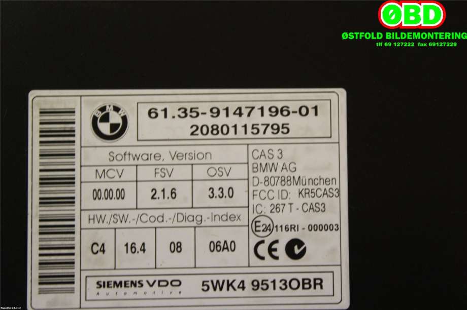Styreenhet tenning til BMW 3-Serie 2005-2011 (E90/E91/E92/E93) (E90/E91/E92/E93) (BMW|61 35 9 395 657||61359147196)