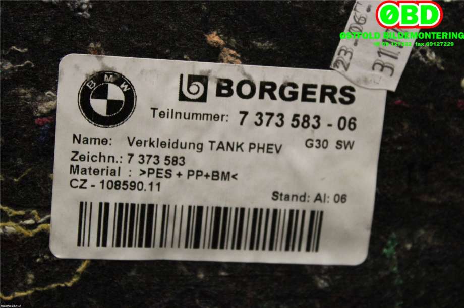 Bagasjerom teppe/gulvplate til BMW 5-Serie 2017-->> (G30/G31) (G30/G31) (BMW|51 47 7 373 583||7373583)