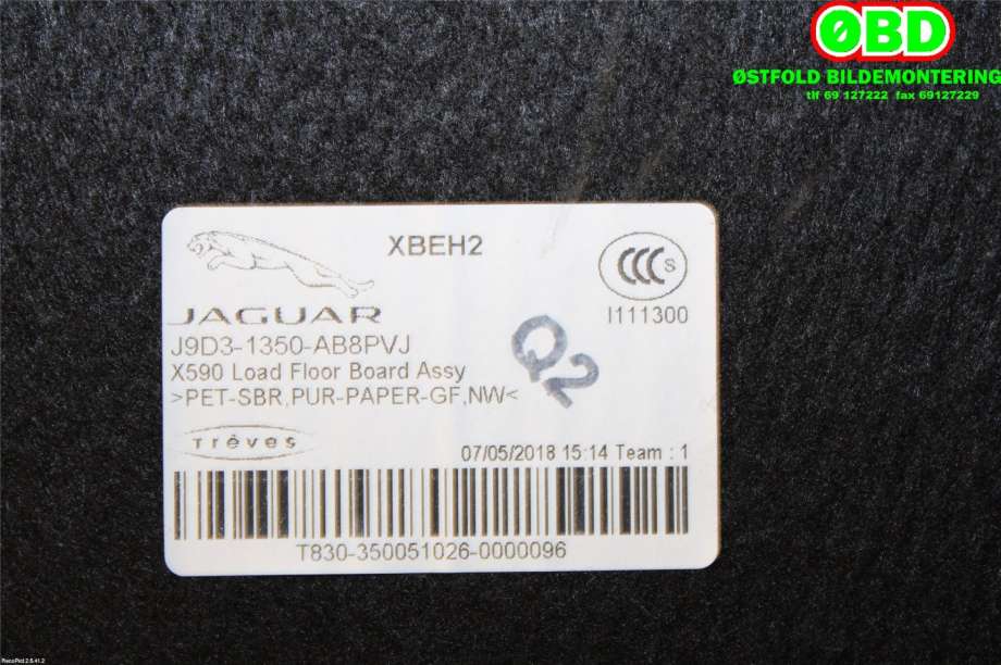 Bagasjerom teppe/gulvplate til Jaguar I-PACE 2018-->>  (JAGUAR|T4K1211PVJ|T4K17600PVJ|J9D31350AB8PVJ)