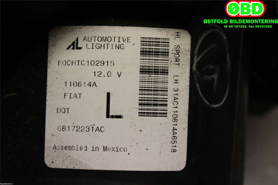 Frontlykt venstre halogen til Fiat 500 2008-2020 (FIAT|68172231AC|)