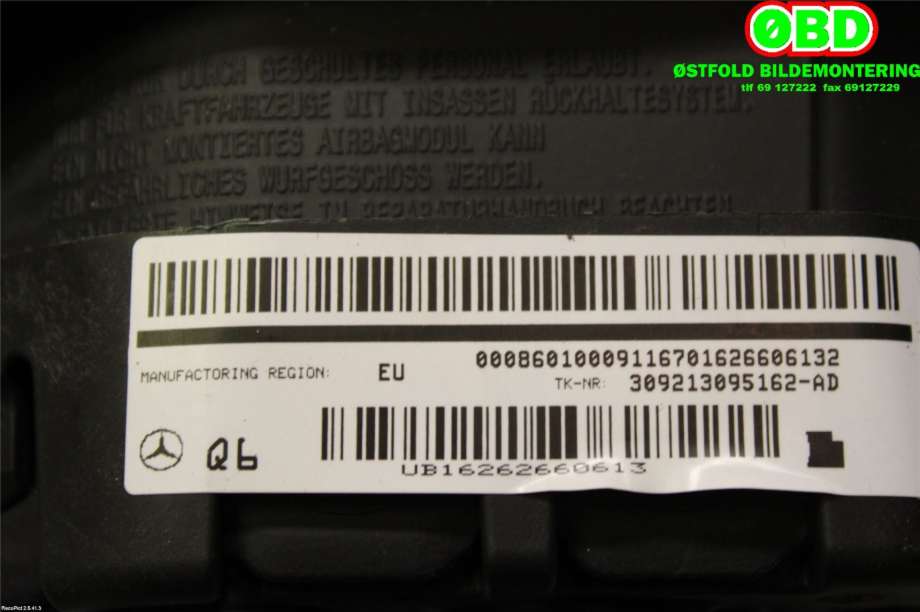 Airbag rattpute til Mercedes GLA 2014-2020 (X156) (X156) (MERCEDES|A 000 860 10 00||0008601000)
