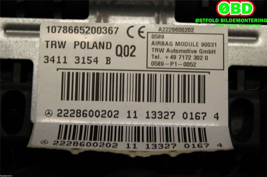 Airbag passasjer til Mercedes S-Klasse 2013-2020 (W222) (W222) (MERCEDES|A 222 860 02 02||2228600202)