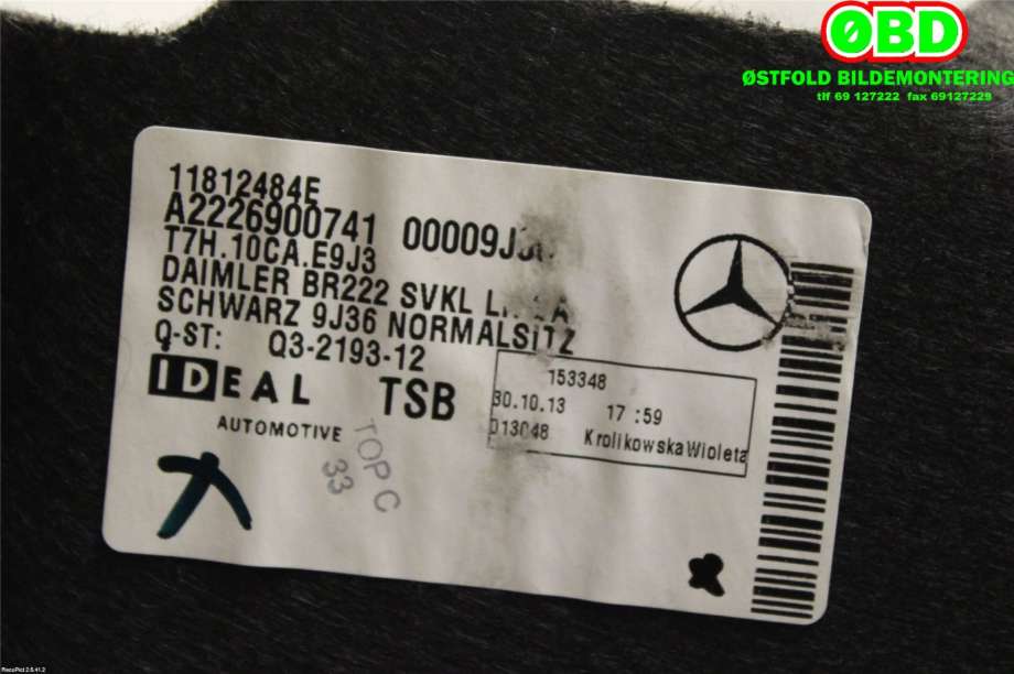 Bagasjerom teppe/gulvplate til Mercedes S-Klasse 2013-2020 (W222) (W222) (MERCEDES|A 222 690 07 41||2226900741)