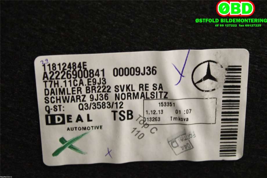 Bagasjerom teppe/gulvplate til Mercedes S-Klasse 2013-2020 (W222) (W222) (MERCEDES|A 222 690 08 41||2226900841)