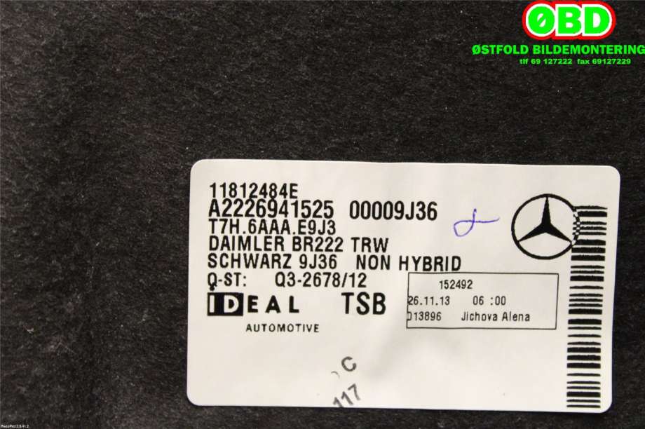 Bagasjerom teppe/gulvplate til Mercedes S-Klasse 2013-2020 (W222) (W222) (MERCEDES|A 222 694 15 25||2226941525)