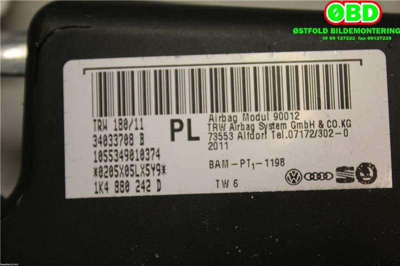 Airbag sidepute høyre til Škoda Octavia 2009-2013 (Type II, Fase 2) (SKODA|1K4 880 242 D||1K4880242D)