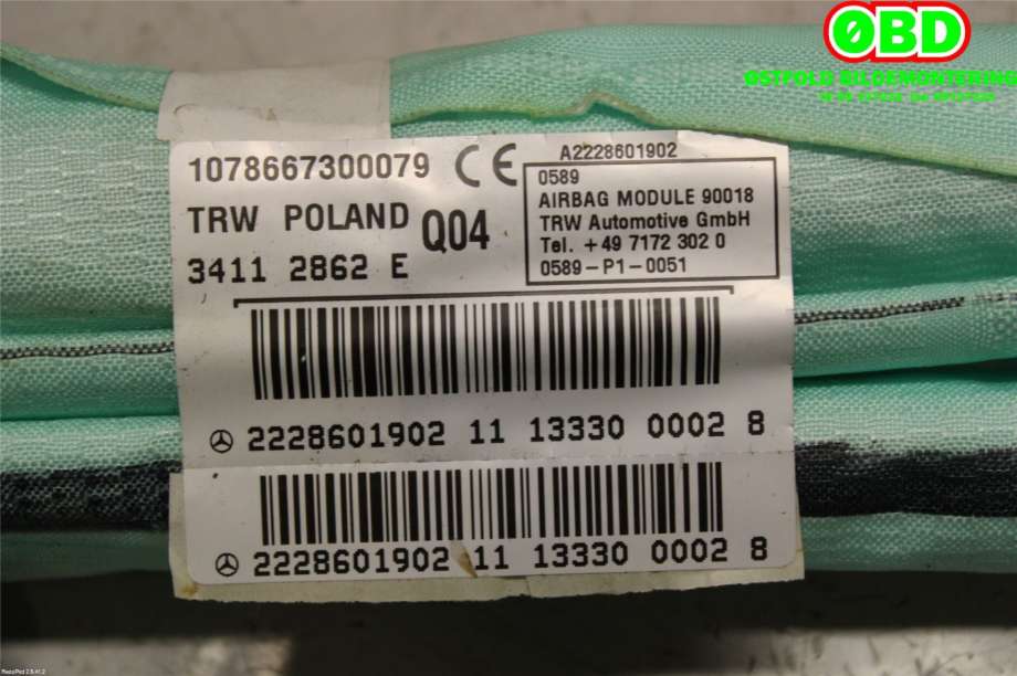 Airbag gardin høyre til Mercedes S-Klasse 2013-2020 (W222) (W222) (MERCEDES|A 222 860 19 02||2228601902)