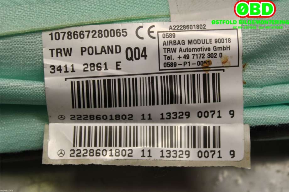 Airbag gardin venstre til Mercedes S-Klasse 2013-2020 (W222) (W222) (MERCEDES|A 222 860 18 02||2228601802)