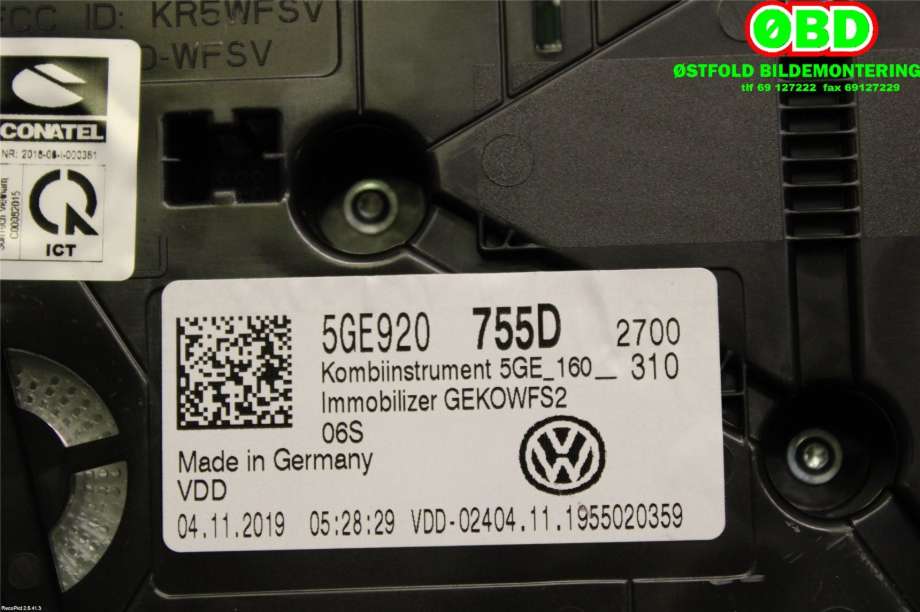Instrumentpanel til VW e-Golf 2017-2020 (Fase 2) (VOLKSWAGEN|5GE 920 755 D||5GE920755D)