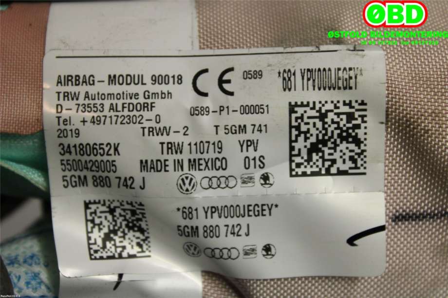 Airbag gardin høyre til VW e-Golf 2017-2020 (Fase 2) (VOLKSWAGEN|5GM 880 742 J||5GM880742J)