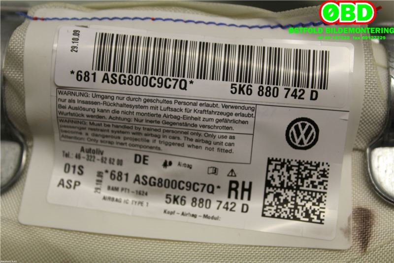 Airbag gardin høyre til VW Golf VI 2008-2012 (VOLKSWAGEN|5K6 880 742 D|5K6 880 742 F|5K6880742D)