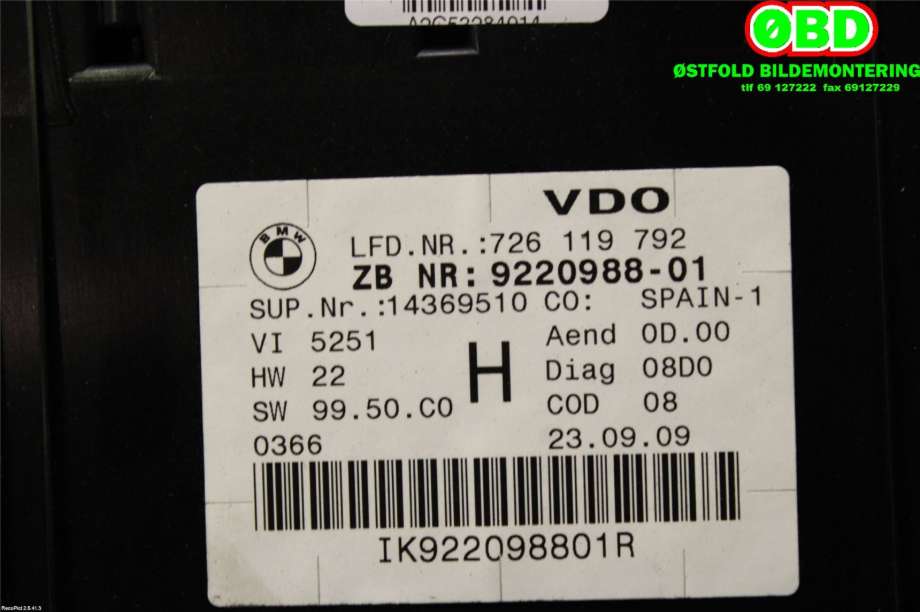 Instrumentpanel til BMW X1 2009-2015 (E84) (E84) (BMW|62109316152||9220988)
