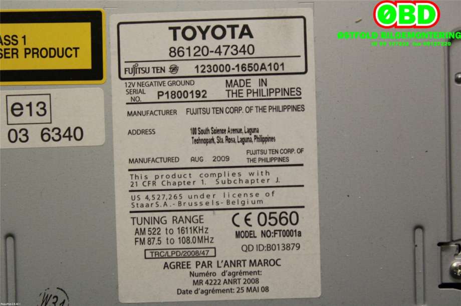 Bilstereo til Toyota Prius 2009-2016 (Type III) (COMBI) (COMBI) (TOYOTA|8612047340|1230001650A101)