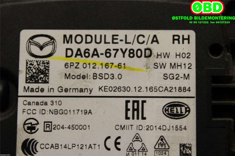 Sensor radar til Mazda 2 2015-2019 (Type III, Fase 1) (MAZDA|DA6A67Y80D|)