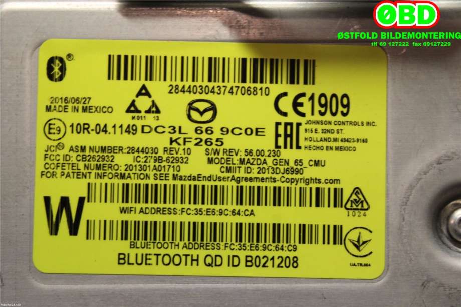 Bilstereo navigasjon til Mazda 2 2015-2019 (Type III, Fase 1)  (MAZDA|DC3L669C0E|D09H611J0A)