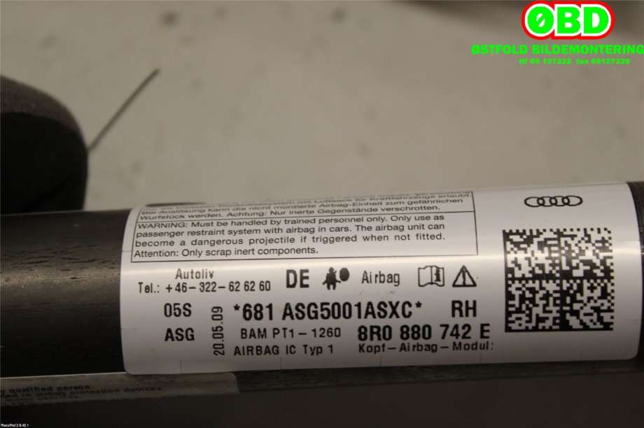Airbag gardin høyre til Audi Q5 2008-2012 (Type I, Fase 1)  (AUDI|8R0 880 742 E||8R0880742E)