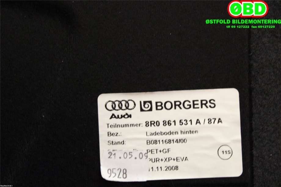 Bagasjerom teppe/gulvplate til Audi Q5 2008-2012 (Type I, Fase 1)  (AUDI|8R0 861 531 A||8R0861531A87A)